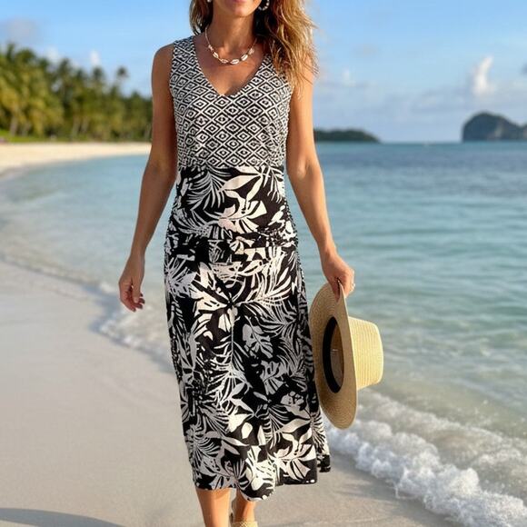 Tommy Bahama Mixed Print Midi Dress Womens Large Black Hawaiian Tribal Knit - Picture 1 of 9